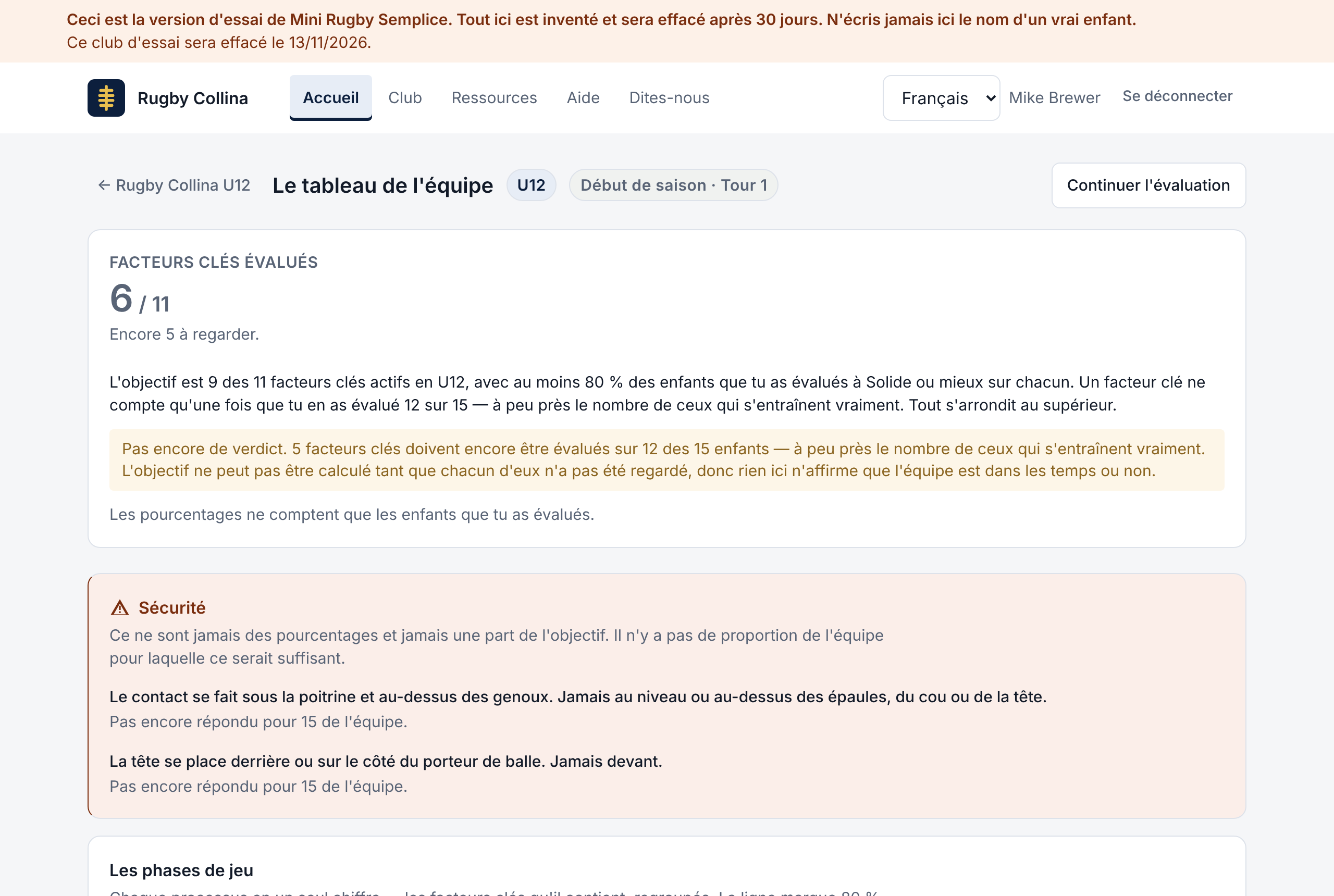 Le tableau de l’équipe : combien de facteurs clés ont été évalués, les contrôles de sécurité, et les phases du jeu face à la ligne des 80 %.