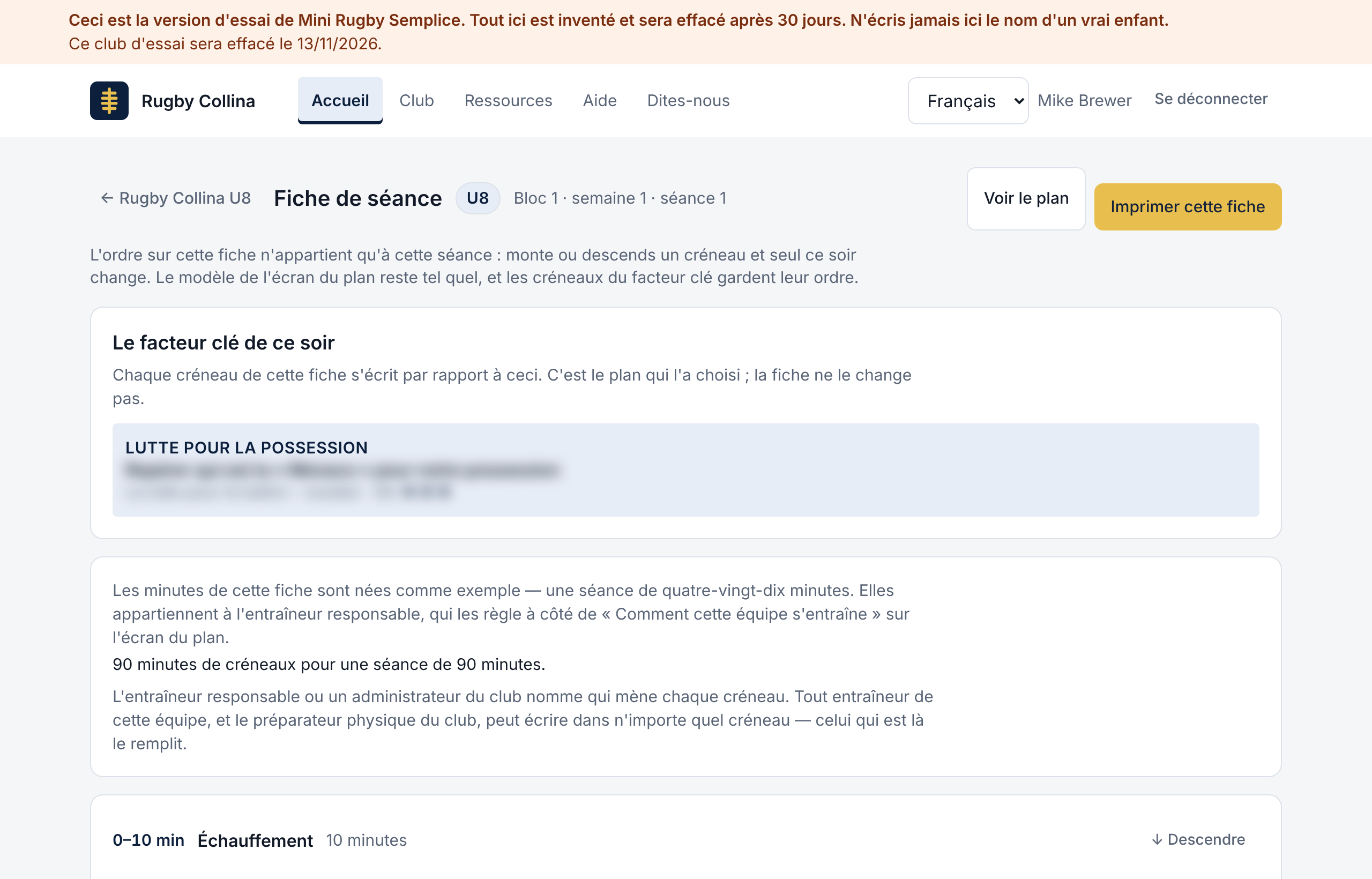 La fiche de séance : le facteur clé de ce soir, puis une carte par créneau avec qui le mène et un cadre pour les lignes des entraîneurs.